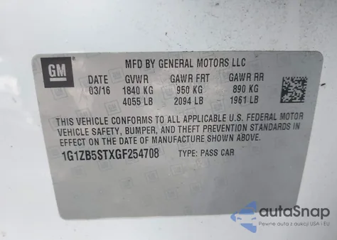 2016 Chevrolet Malibu Ls z USA, uszkodzony, nr VIN 1G1ZB5STXGF254708